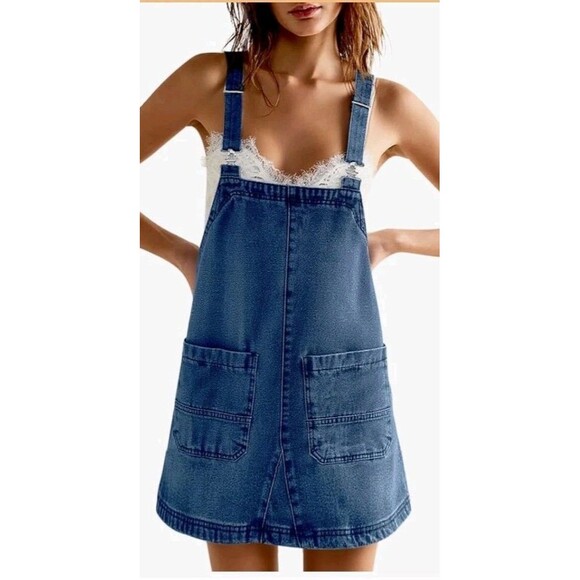 Womens M Casual Denim Overalls Dress Adjustable Strap Summer Mini Jean New - Picture 1 of 12